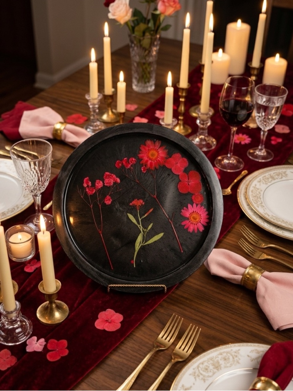NORE’S NOVELTIES Handcrafted Decorative Round Tray “DARK BLOSSOM” w Real Flowers